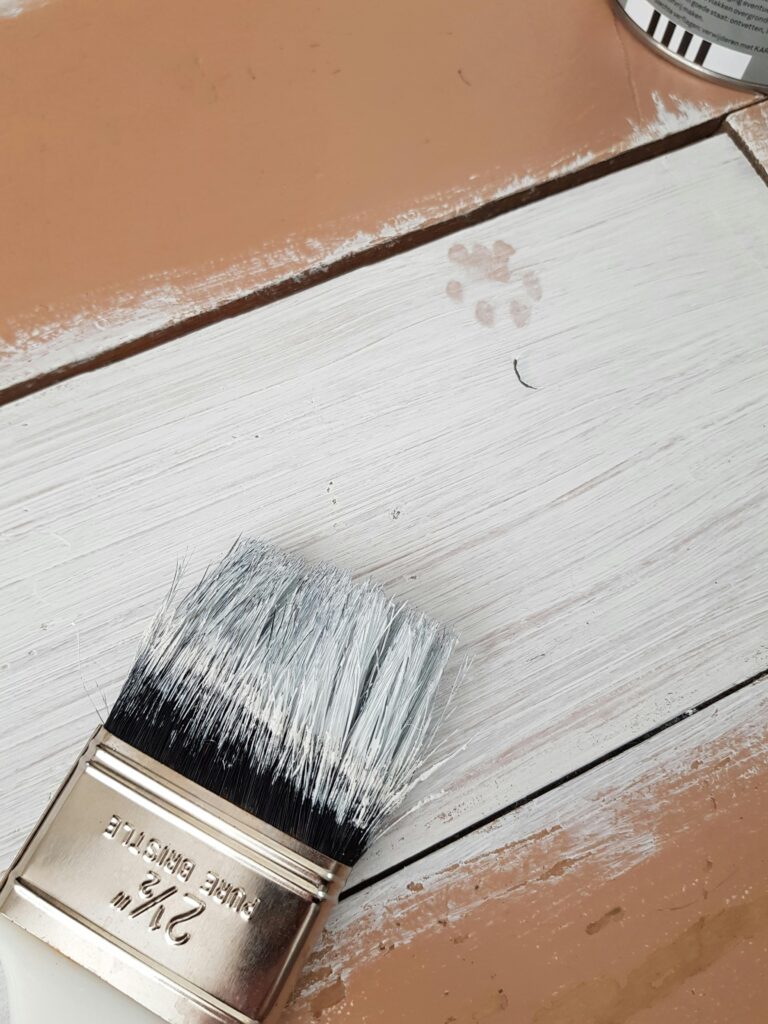 Detailed view of a paintbrush on a wood surface with a paw print, capturing the painting process